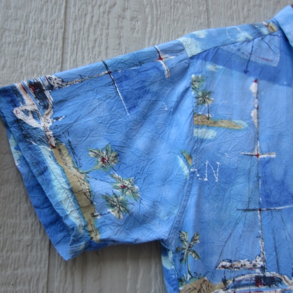 VTG Jams‎ World Shirts Mens Small Blue Sea Hawaiian Catamaran Print island Life - Picture 3 of 13